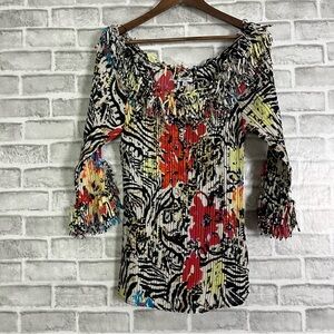 Womens Agora Pleaded Stretch Fringe Off Shoulder Colorful Artsy Blouse Sz Small